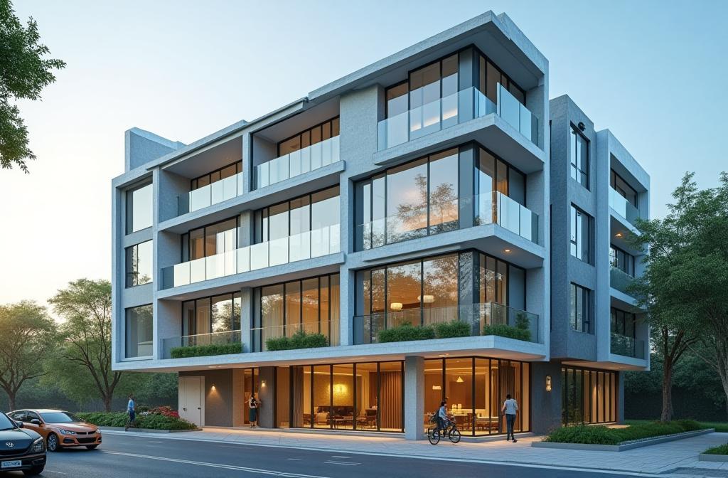Modern building exterior with giveaway announcement graphics overlay